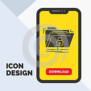encryption, files, folder, network, secure Glyph Icon in Mobile for Download Page. Yellow Background
