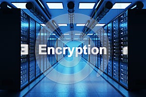 Encryption logo in large modern data center with multiple rows of network internet server racks, 3D Illustration