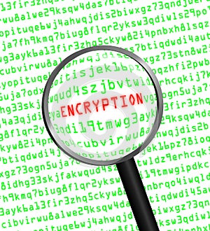 ENCRYPTION in red revealed in green computer machine code