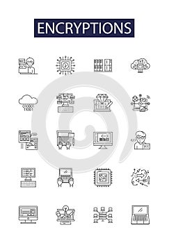 Encryptions line vector icons and signs. Cryptography, Coding, Cybersecurity, Ciphers, Obfuscation, Hashing, Algorithms