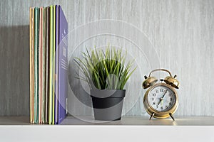 Encyclopedia books, plant and alarm clock on white shelf