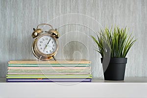 Encyclopedia books, plant and alarm clock on white shelf - get organized photo