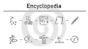 Encyclopedia simple concept icons set. Contains such icons as gravitons, neural, radionics, testing tube, mutation