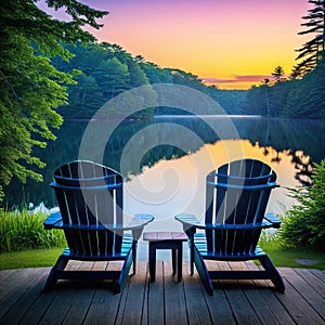 At the end of a the backs of two adirondack chairs await the early morning summer