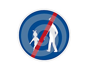 End command road sign. Pedestrian path, footpath, road sign, vector icon. Blue circle button. White silhouette of people