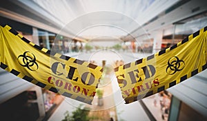 End of coronavirus COVID-19 economic lockdown. Tearing caution tape at shopping mall