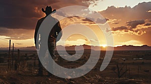 End of Day Reverie- A Cowboy\'s Sunset Watch. Generative AI