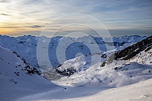 End of a day in Val Thorens ski resort whith nice sunset