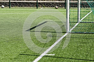 End line and goal of an artificial grass soccer field