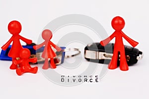 End of marriage concept with family miniature and goods division after divorce