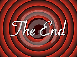 End movie. End film. Cinema background. Retro hollywood poster. Old screen of show. Vintage studio, theater and picture. Red