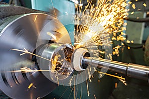 End processing of a metal surface with an abrasive stone on a circular grinding machine, sparks fly in different directions