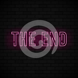 The end red neon sign. Vintage movie ending neon frame on black brick background. Vector