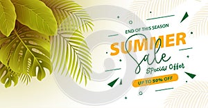 End of season summer sale banner with tropical leaves background