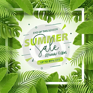 End of season summer sale banner with tropical leaves background