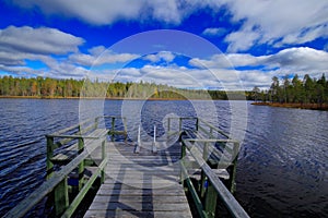 End of summer landscape from Finland. Pine forest coast with lake ans dark blue sky with white clouds. Beautiful scenery from