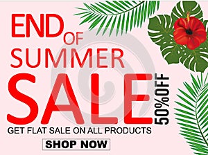 End Of Summer Sale banner design template. Discount design background with jungle palm Leaves. Nature background. vector