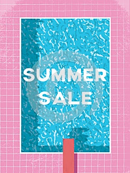 End of summer sale with text and retro 80s swimming pool vector illustration background. Discounts, special offers