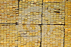 End view of stacks of lumber