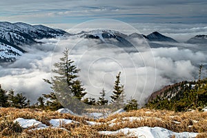 End of winter in Mountains. Mist in valley, snow on the hills in background