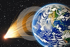 End of the world. Meteor colliding with the planet Earth.