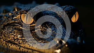 Endangered crocodile teeth in close up portrait, looking spooky at night generated by AI