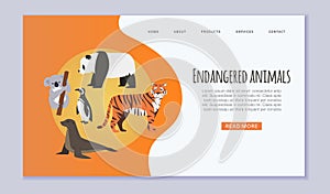 Endangered vanishing wildlife animals website vector template. Amur tiger, panda, penguin, sea seal and koala cartoon