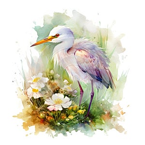 Endearing Baby Egret in a Colorful Flower Field for Art Prints and Greetings.