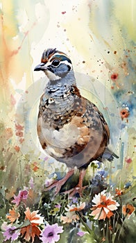 Endearing Baby Quail in a Colorful Flower Field for Art Prints and Greetings.