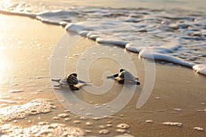 Endearing Baby turtles on beach sand. Generate ai