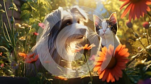 Endearing cat and cute dog in green garden among thick grass and flowers, basking in warmth