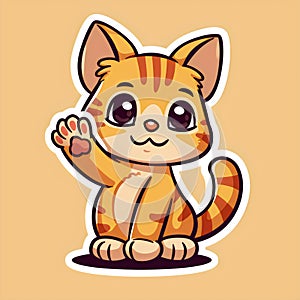 An endearing illustration of a tabby kitten with a friendly wave, in vibrant orange