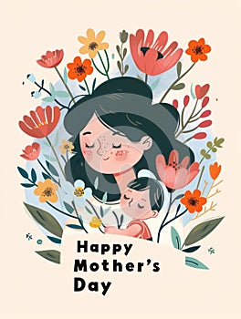 An endearing Mothers Day card featuring a mother and child sharing a serene moment surrounded by pastel florals.