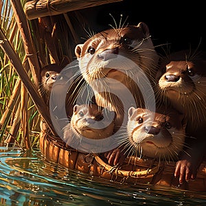 Endearing Otter Family in a Raft - Adobe Stock