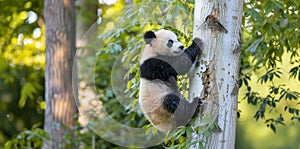 Endearing scene of a panda clumsily but determinedly climbing up a tree trunk