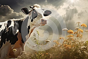 Endearing Spotted cow closeup nature beauty. Generate Ai photo