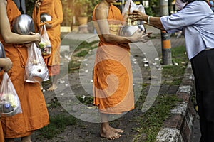 Endery woman  making merit by putting the food into the bowl of monk