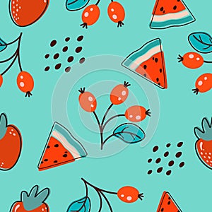 Endless background with slices of watermelon, strawberry and wild berries. Cartoon on a green background. Seamless