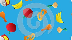 Endless blue seamless pattern of delicious food and snack items icons set for restaurant bar cafe: banana, canned food, onion,
