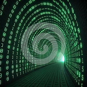 Endless Circuit: A Tunnel of Glowing Binary Code and Shifting Digital Patterns