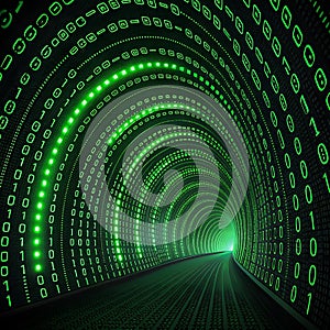 Endless Circuit: A Tunnel of Glowing Binary Code and Shifting Digital Patterns