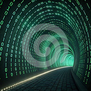 Endless Circuit: A Tunnel of Glowing Binary Code and Shifting Digital Patterns