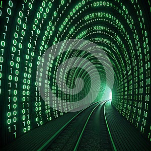 Endless Circuit: A Tunnel of Glowing Binary Code and Shifting Digital Patterns