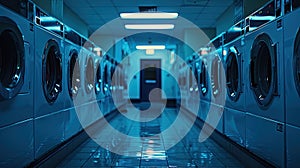 Endless Cycle: Symmetrical Rows of Washers in a Busy Laundry Room