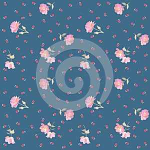 Endless ditsy floral pattern with gentle pink roses and red tiny tulips isolated on blue background in vector. Fashionable print