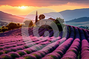 Endless lavender fields with long purple rows of lavender plants on sunny summer sunset