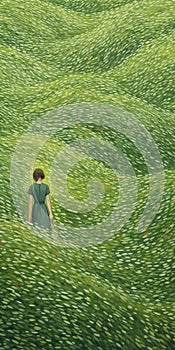 Endless Lawn: Escher-inspired Oil Painting Of A Woman Walking Through A Field