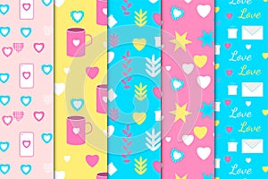 Endless love element pattern bundle vector. Girly Valentine pattern collection for book covers, wallpapers, or backgrounds.