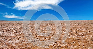 Endless monotone brown white salt flat desert crust surface, dry barren landscape, blue sky horizon, fluffy cloud - Salar de