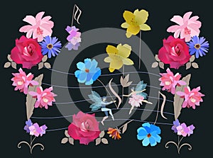 Endless musical illustration with chords and notes in the form of garden flowers, musical staff and small winged fairy and elf